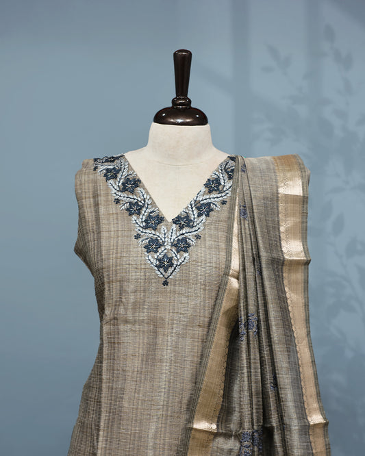 Golden grey colour Salwar set comes top with thread work on body, paired with matching bottom and dupatta.