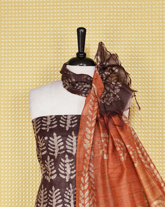 Brown colour chanderi Salwar Material with Printed  body, a matching printed bottom and a contrast rust printed dupatta