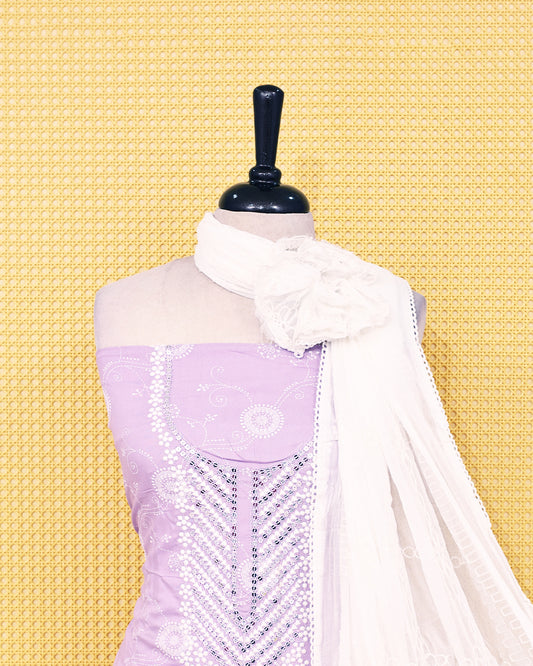 Lavender colour rayon Salwar Material with Embroidery work on body & a matching bottom an elegant white embroidered dupatta.