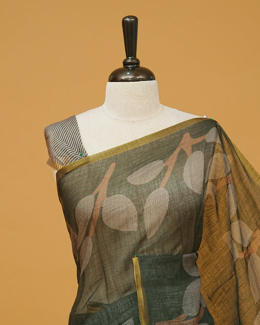 Deep olive colour semi linen saree