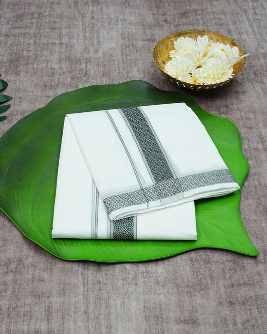 Off White Colour Cotton Double Dhoti Finished With A Green Designed Pattern On Silver kara.