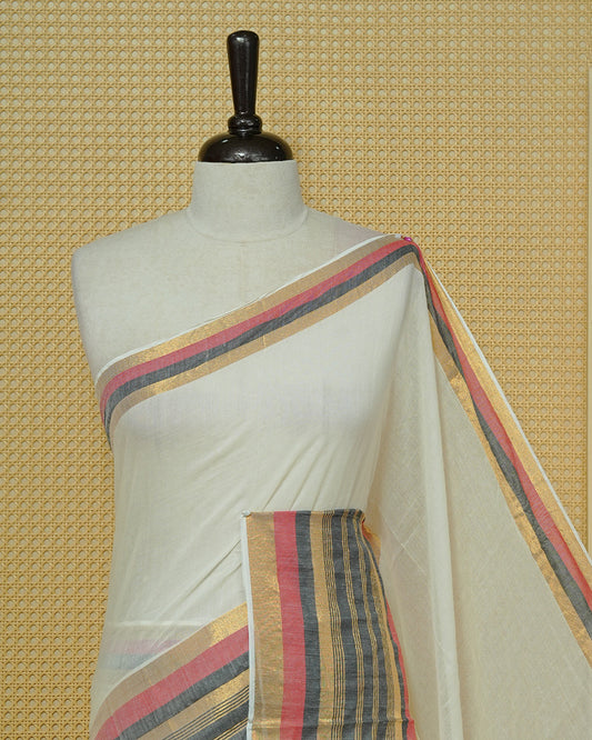 Off-White Mul Cotton Saree featuring a plain body with a multicolour striped zari border in shades of Red, Black, and gold & red and black tassels