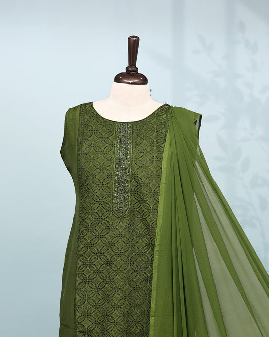 Olive Green colour Salwar set comes top with Self colour thread worked body, paired with matching bottom and dupatta.