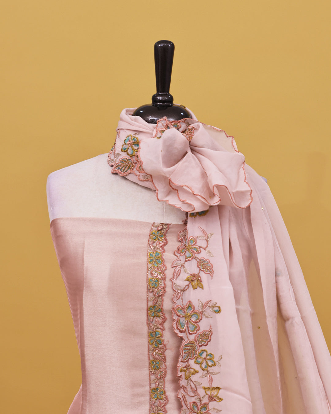 Pastel Pink colour Organza Salwar material with Thread work on body, matching bottom & Dupatta.