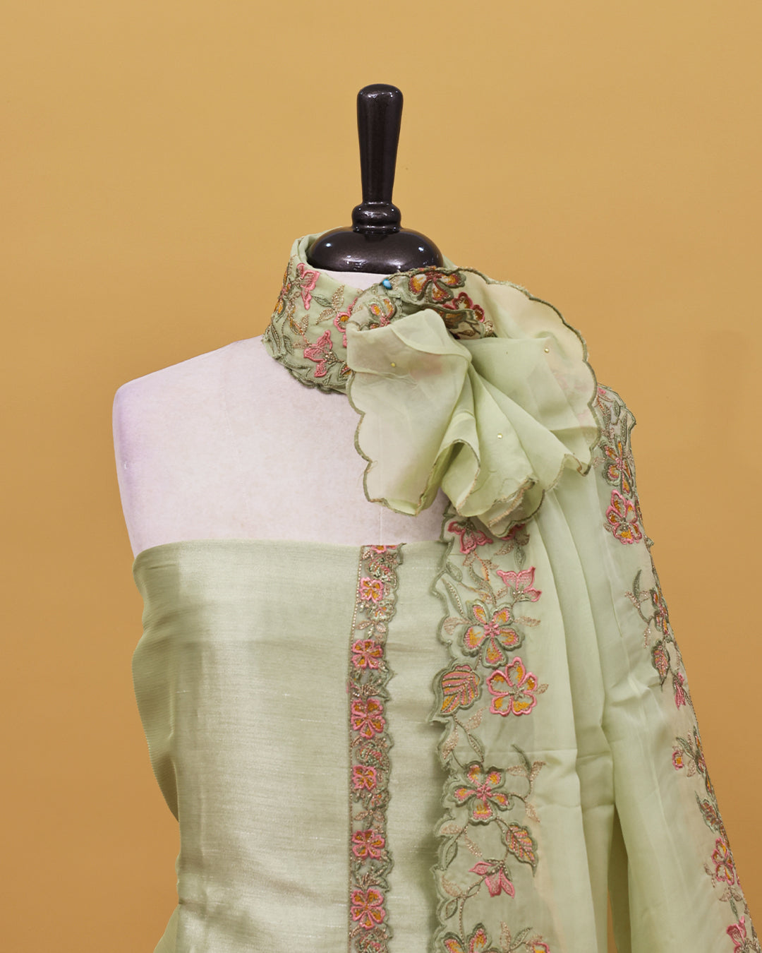 Pastel Green colour Organza Salwar material with Thread work on body, matching bottom & Dupatta.