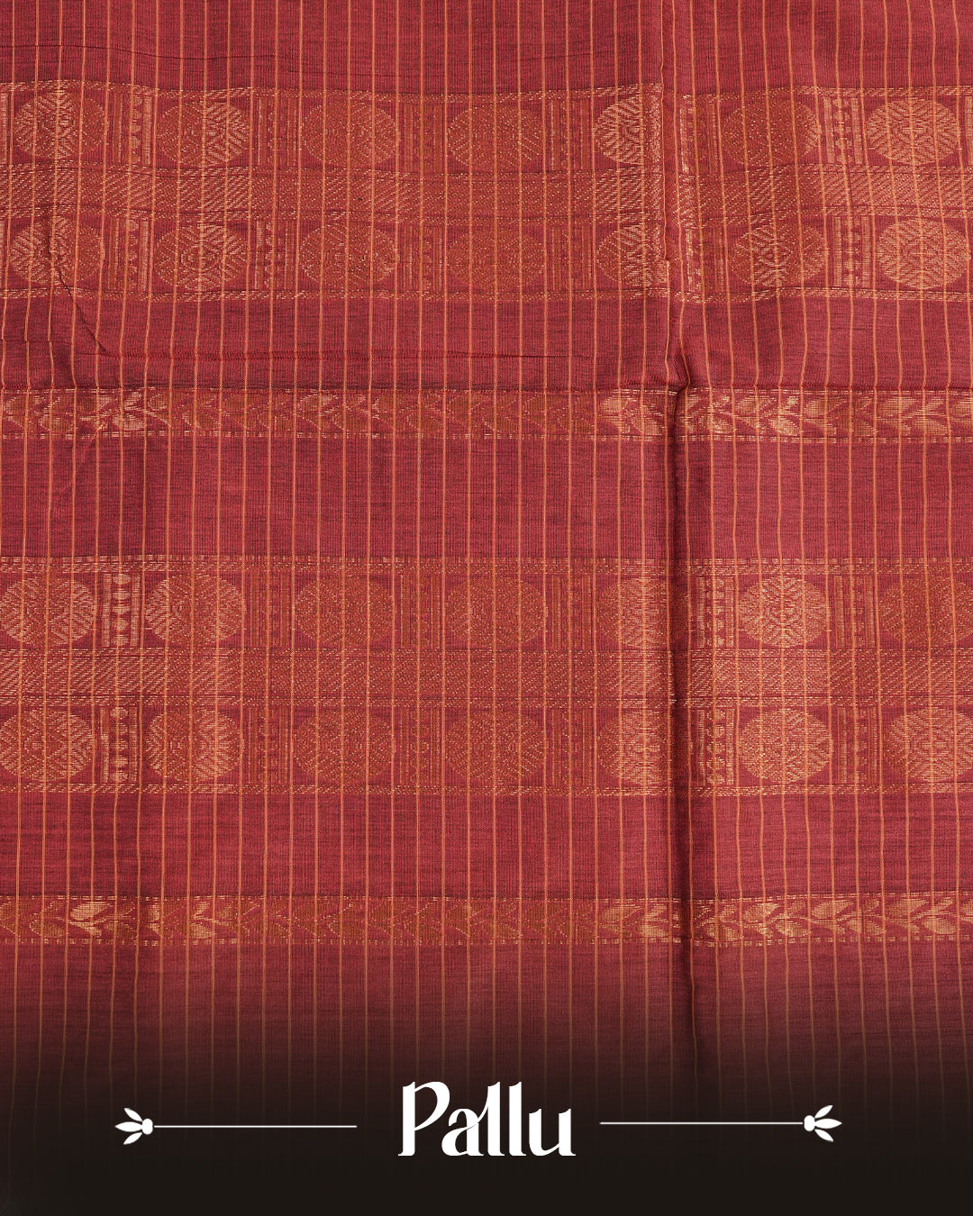 Maroon colour kalyani cotton saree featuring gold zari check pattern on body, complemented by Brown colour with Antique zari border, paired with matching blouse piece