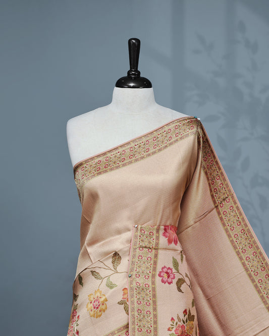 Baby Pink Colour Pashmina Saree featuring a Patterned body, complemented by Self colour with Floral pattern & gold zari on border and Pallu, comes with matching blouse piece.