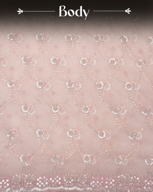 Light pink colour Net Designer saree featuring Beats & Sequins geometric Pattern on body & worked border, comes with matching blouse piece.