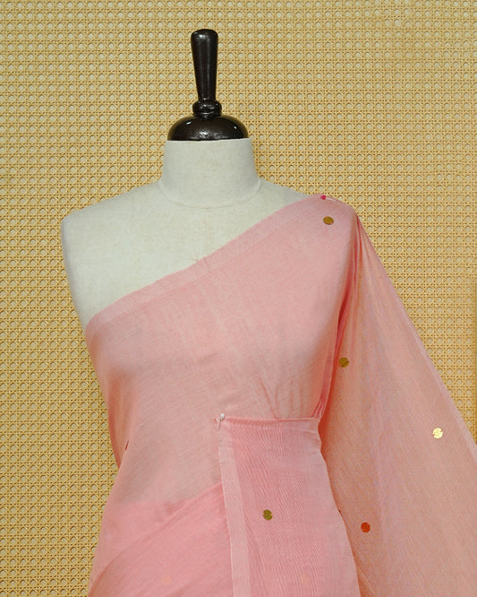 Pink Colour Mul Cotton Saree Featuring Sequins on the Body, Borderless Pattern & Yellow Tassels.