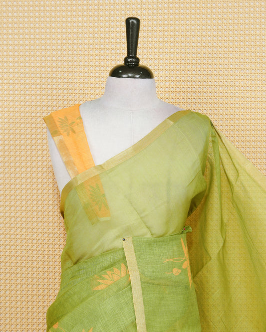 Olive green colour semi linen saree