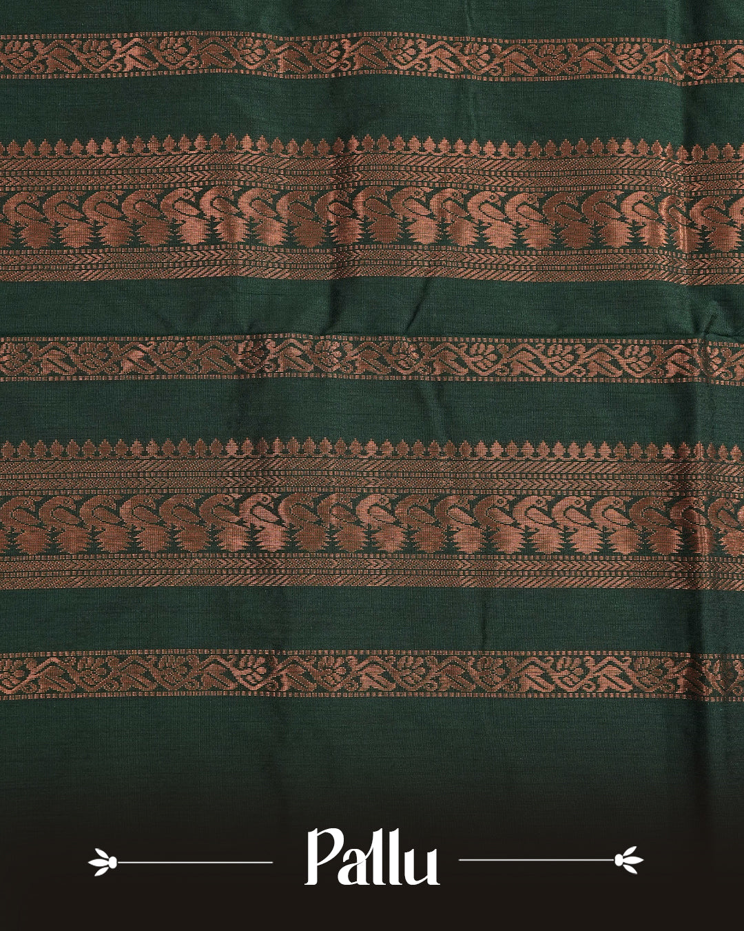 Mustard Orange  Colour Kalyani cotton saree featuring antique zari floral buttas on the body, complemented by a Bottle Green contrast pallu with an antique zari peacock border, paired with a matching  blouse piece