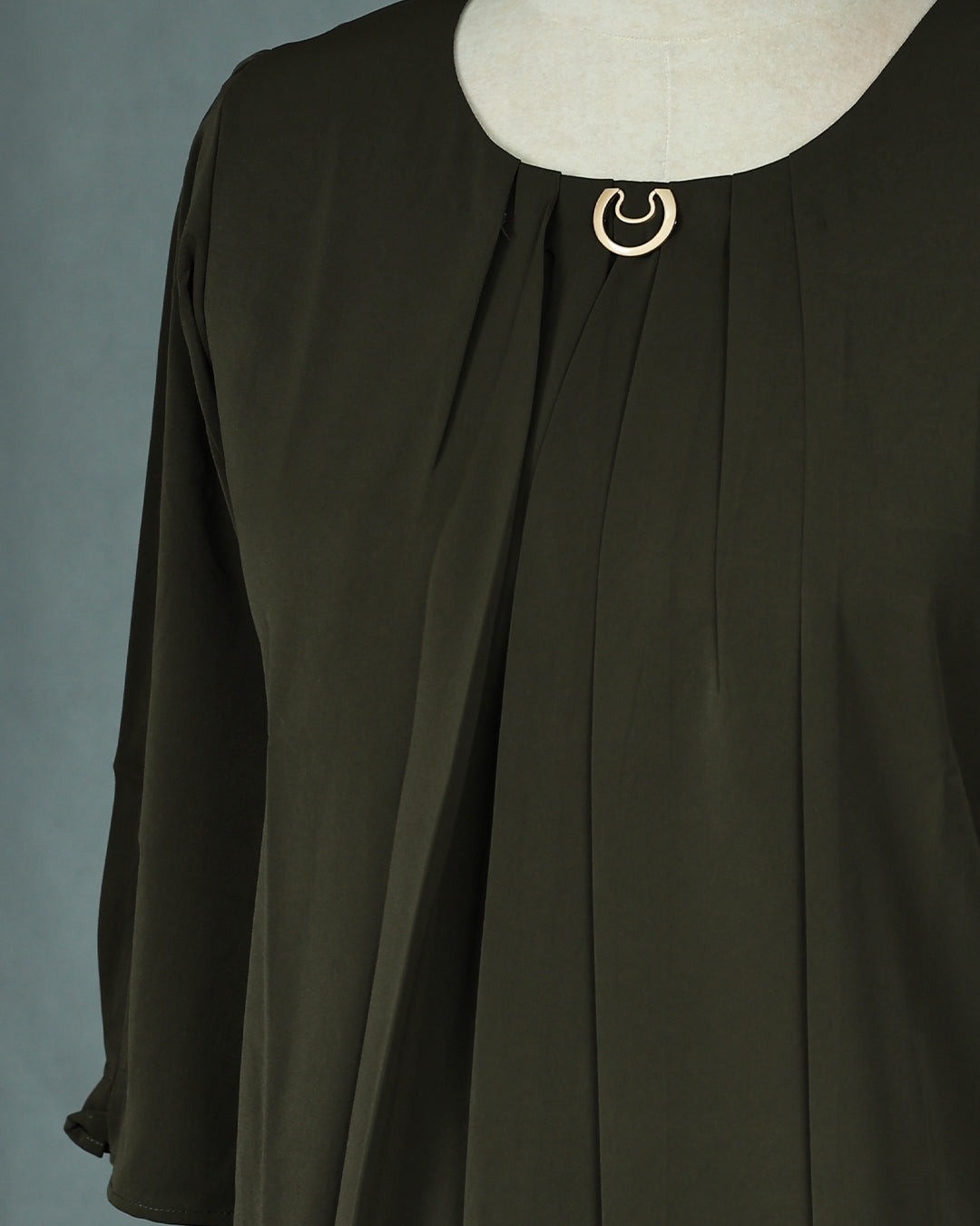 Olive colour Top with Plain with Pleats on body, Round neck design, With sleeve.