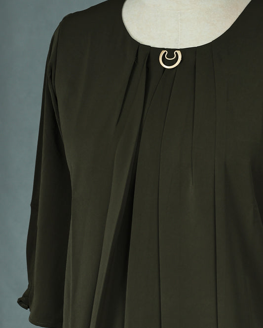 Olive colour Top with Plain with Pleats on body, Round neck design, With sleeve.