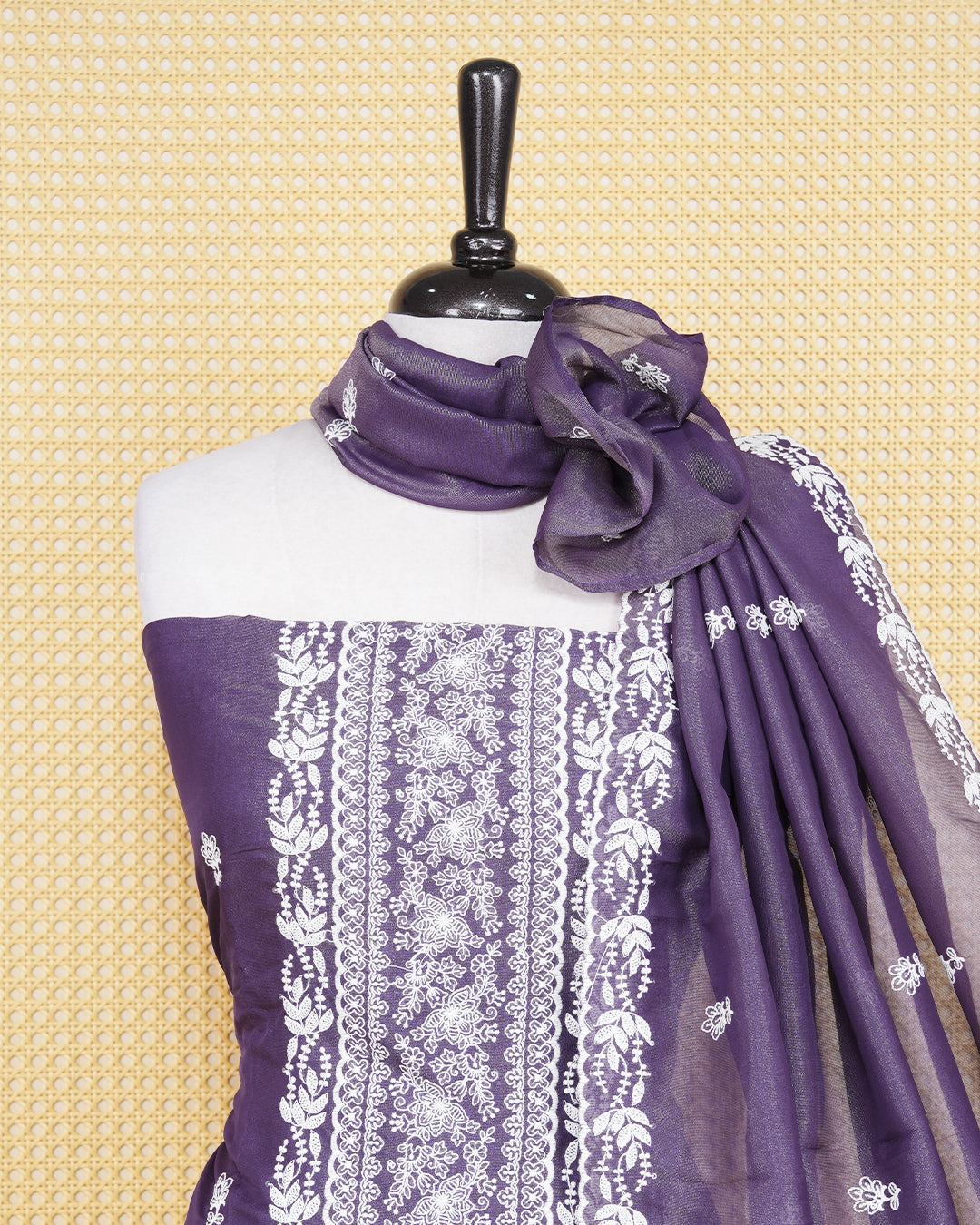 Purple Georgette Matierial Featuring Delicate White Thread work Leaf Embroidary Motifs, paired with a matching bottom & elegant Duptta