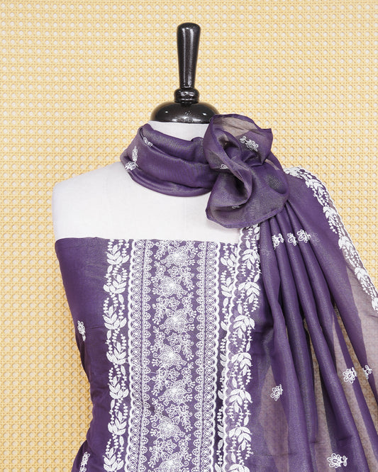 Purple Georgette Matierial Featuring Delicate White Thread work Leaf Embroidary Motifs, paired with a matching bottom & elegant Duptta