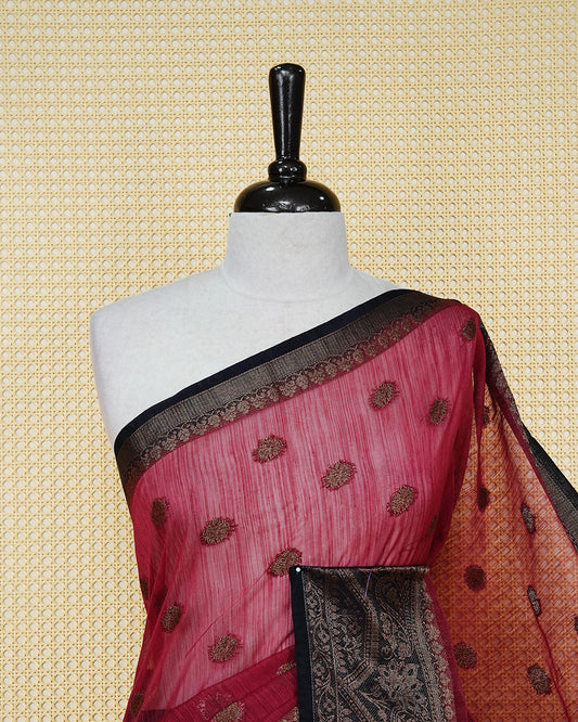 Dark magenta colour semi linen saree thread motifs on body, contrast dark colour gold zari border, rich pallu comes with matching blouse piece