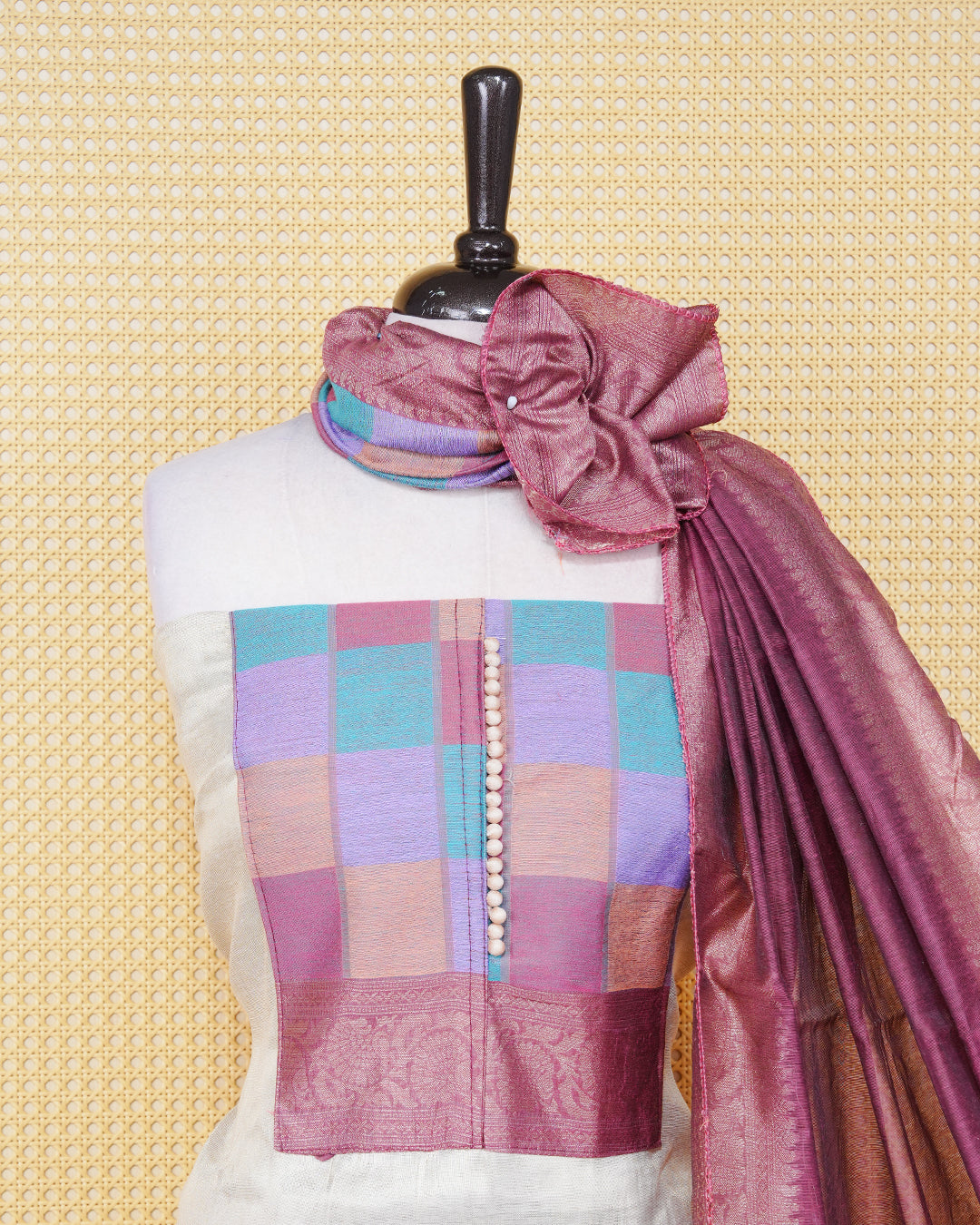 Cream colour Tissue Salwar Material Featuring Plain Body, multi colour check pattern on chest portion Paired With a Matching Bottom and an Elegant Dupatta.