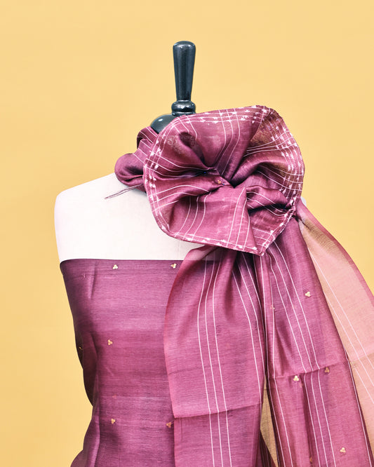 Wine colour Tissue Salwar material with thread work on body, matching bottom & Dupatta.
