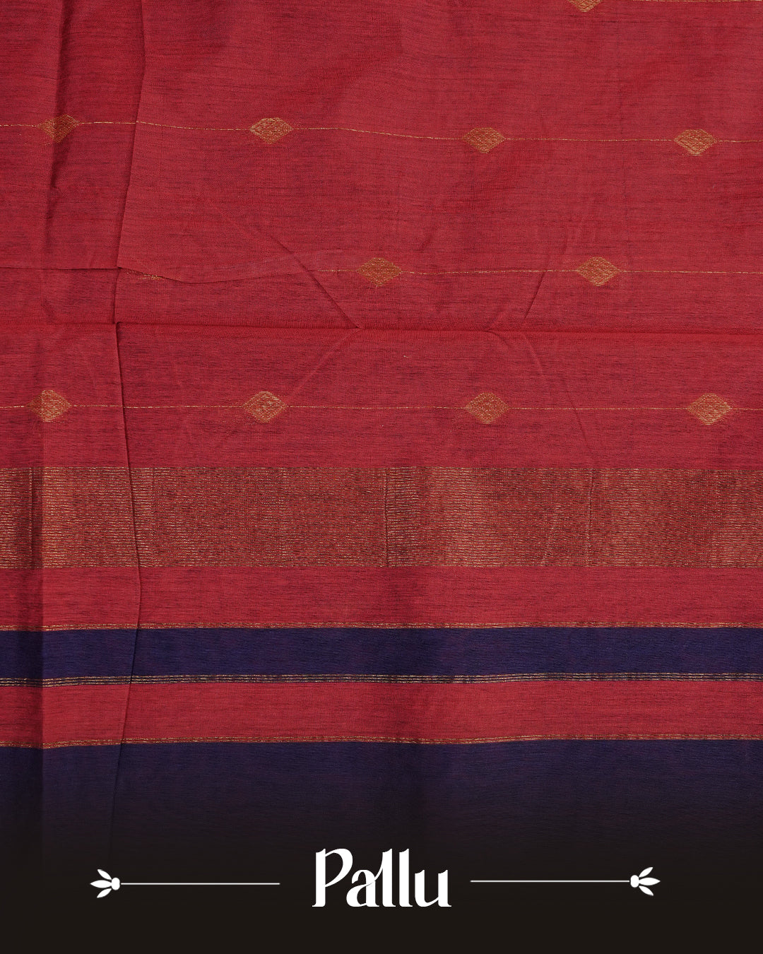 Navy Blue  colour Kalyani cotton saree featuring a gold zari floral pattern on the body, complemented by a Maroon pallu with gold zari stripes and a floral zari border, paired with a matching blouse piece