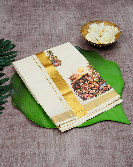 Cream Coloured Cotton Double Dhoti Finished with Traditional Kerala Cultural Prints & Gold Kara