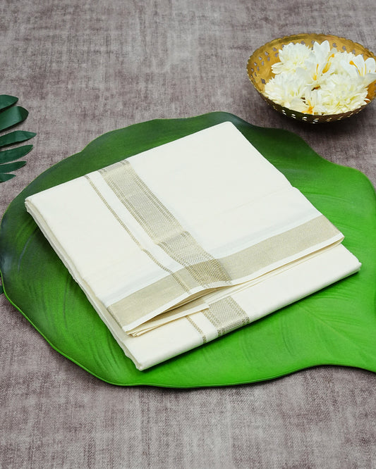 Cream Coloured Cotton Double Dhoti with Light Gold Kara