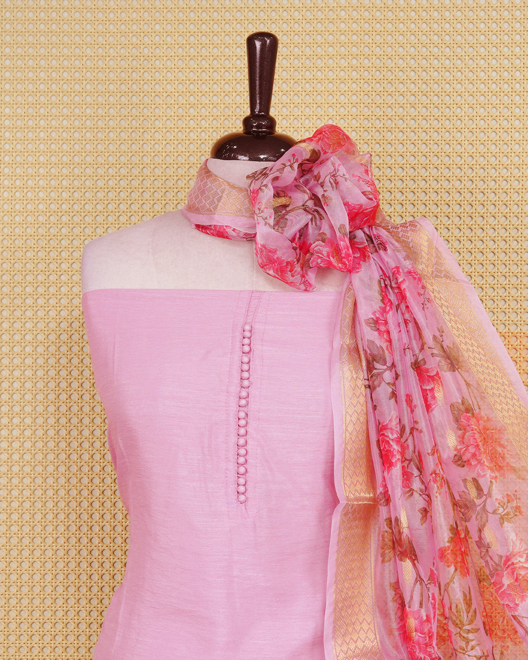 Pink Colour Organza Salwar Material Featuring Plain Body, Paired With Matching Bottom & Elegant Dupatta.