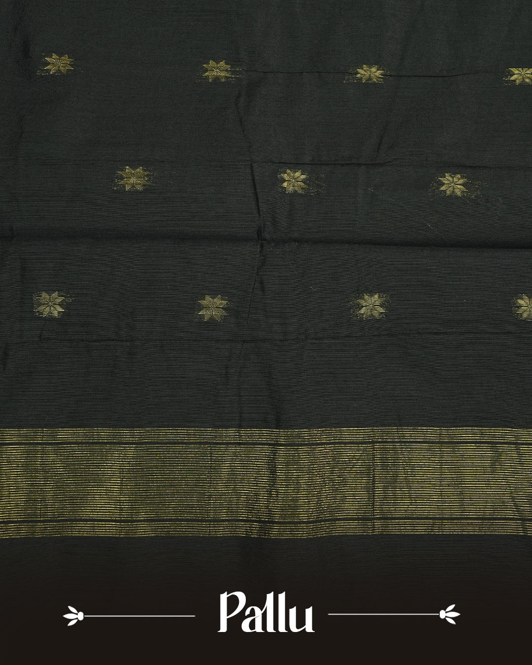 Green  colour kalyani cotton saree featuring gold zari Floral pattern on body, complemented by Black colour with Stripes & Floral Gold zari border, paired with matching blouse piece