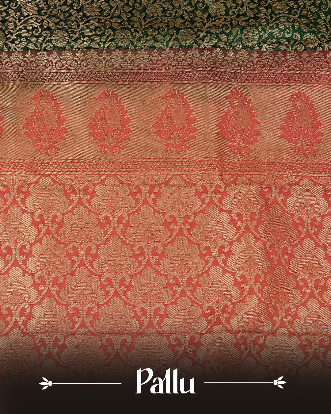 Dark green semi wedding saree with elegant gold zari floral motifs On Body, complemented by a contrast Red zari border and rich traditional pallu. Comes with a matching blouse piece.