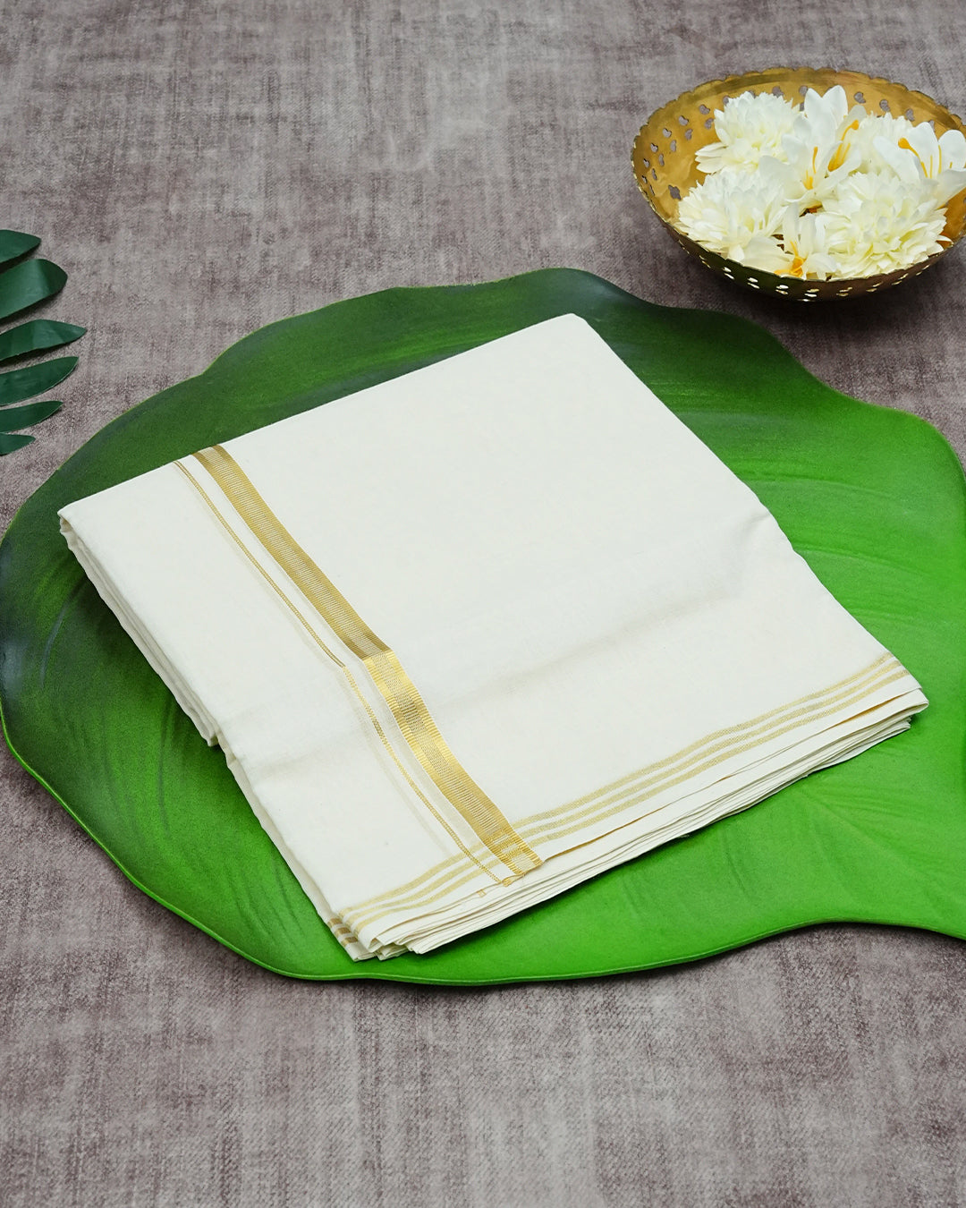 Cream Coloured Cotton Double Dhoti Finished with Premium Gold Kara