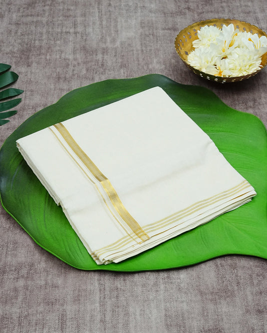 Cream Coloured Cotton Double Dhoti Finished with Premium Gold Kara