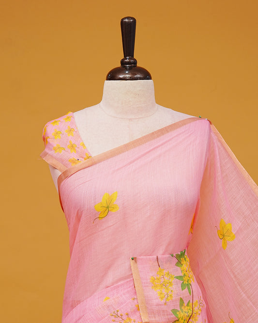 Pink Colour Semi Linen Saree