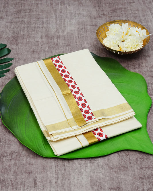 Cream Coloured Cotton Double Dhoti Finished with Traditional Arts Form Prints & Gold Kara