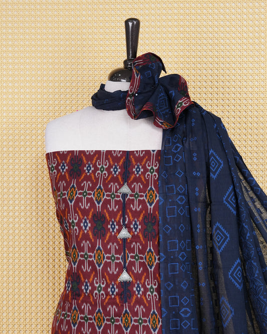 Brown Colour Cotton Salwar Material Featuring Print Pattern on body, Paired With Matching Bottom & Elegant Dupatta