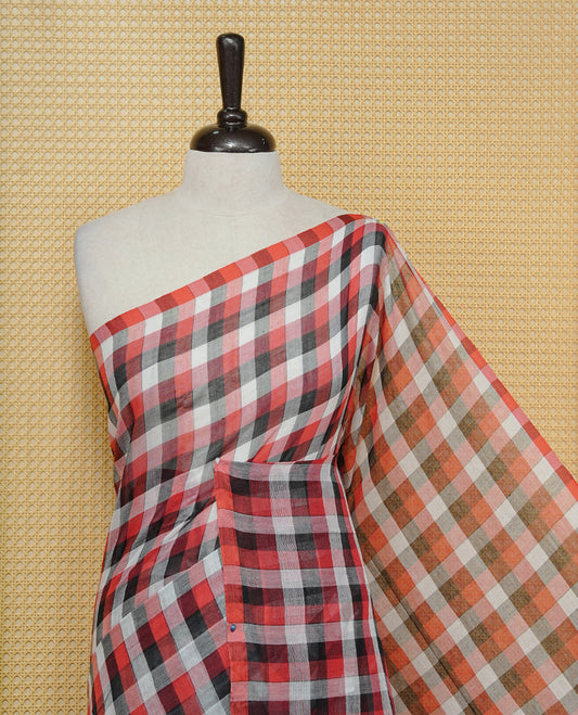 Black, Red & white Mul cotton saree featuring Small Check pattern across body, complemented by Elegant Tassels.