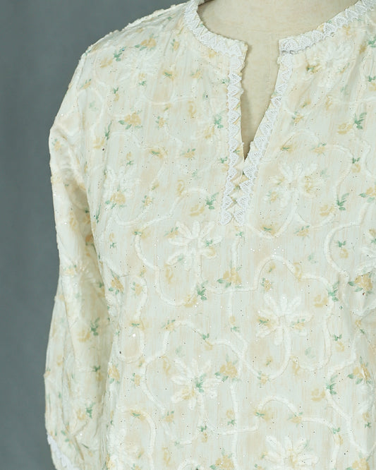 Light Yellow colour Thread work on body, Round with Slit neck design, With sleeve.
