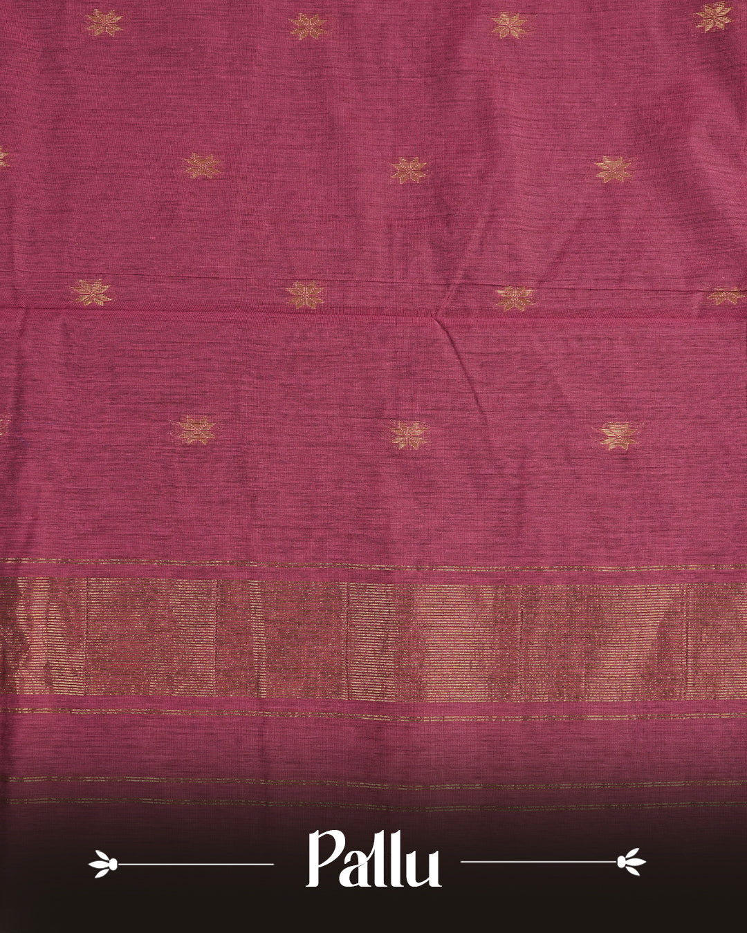 Brown colour Kalyani cotton saree featuring a gold zari floral pattern on the body, complemented by a magenta pallu with gold zari stripes and a floral zari border, paired with a matching blouse piece