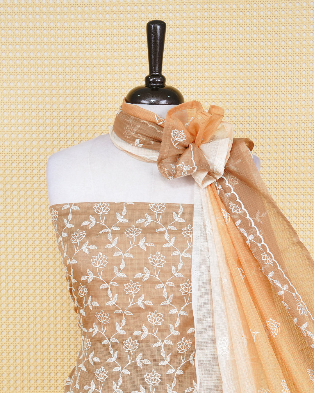 Biscuit Colour Net Kotta Salwar Material Featuring White Thread Work On Body, Paired With Matching Bottom & Elegant Dupatta