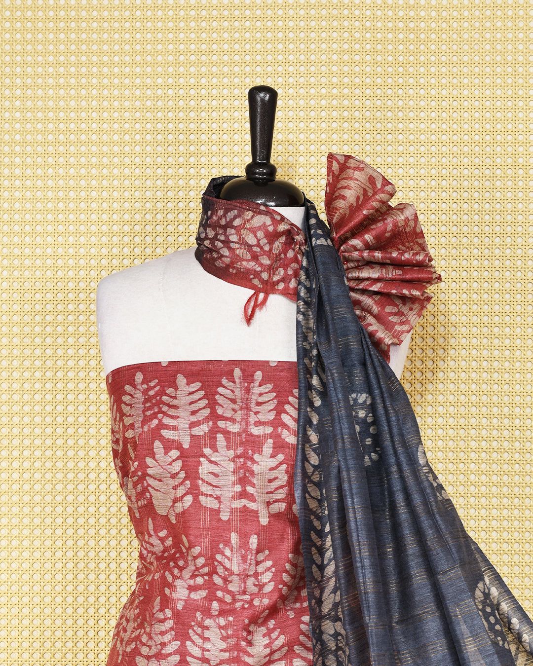 Light red colour chanderi  Salwar Material with leaf print kurta, contrast greyish blue bottom, and matching printed dupatta.