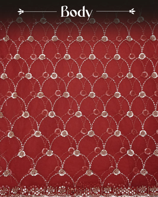 Red colour Net Designer saree featuring Beats & Sequins geometric Pattern on body & worked border, comes with matching blouse piece.