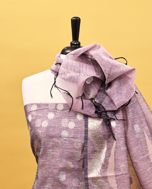 Lavender colour Tissue Salwar material with gold zari floral kodi pattern work on body, matching bottom & Dupatta.