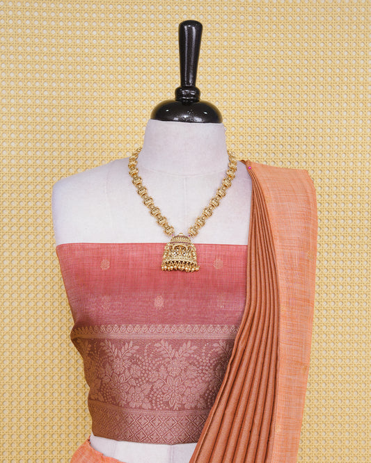 Burnt orange & maroon colour Linen Silk Semi stitched dhavani set featuring buttas, zari bordered skirt & blouse piece and dupatta.