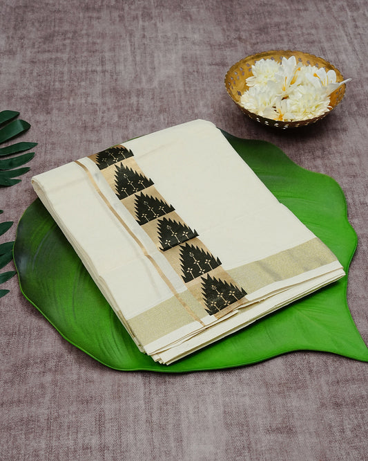 Cream Coloured Cotton Double Dhoti Finished with Black Temple & Floral Printed Gold Kara