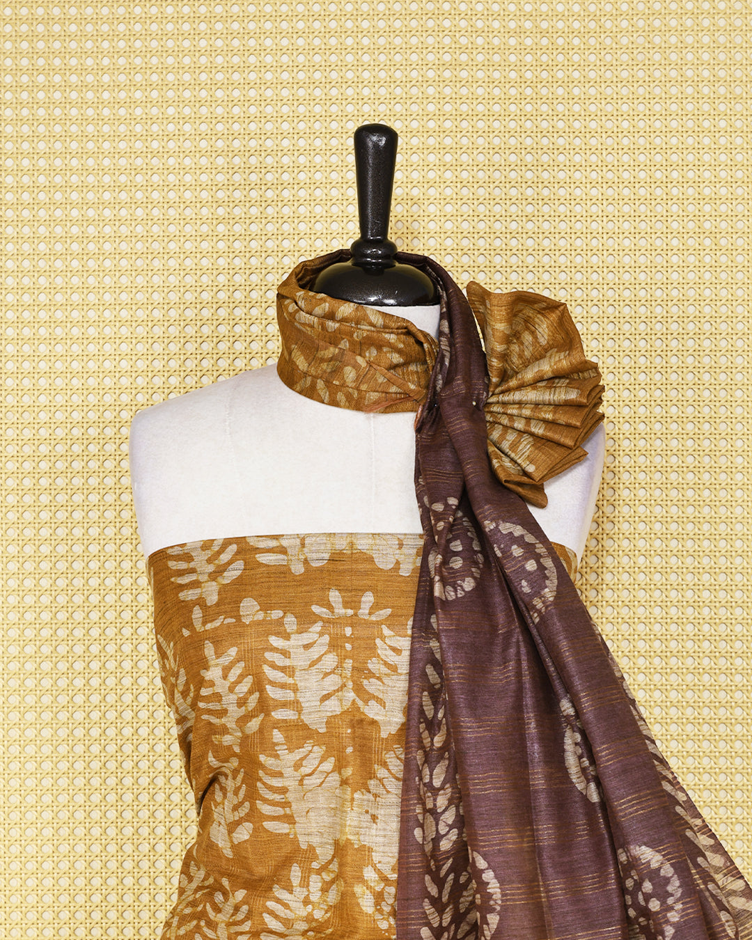 Mustard Brown colour chanderi Salwar Material with leaf printed kurta, wine colour bottom, and contrast wine colour printed dupatta.