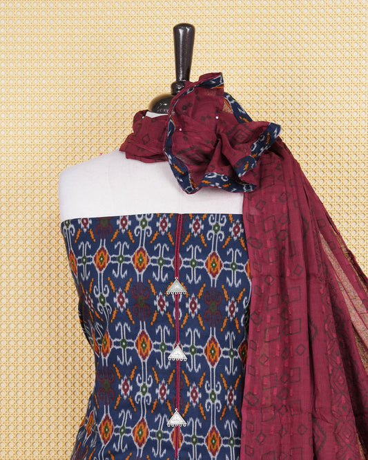 Blue Colour Cotton Salwar Material Featuring Print Pattern on body, Paired With Matching Bottom & Elegant Dupatta