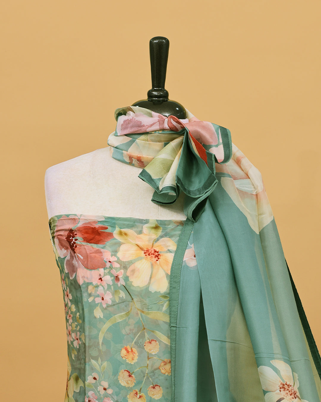 Sage colour Organza Salwar material with Floral print work on body, matching bottom & Dupatta.