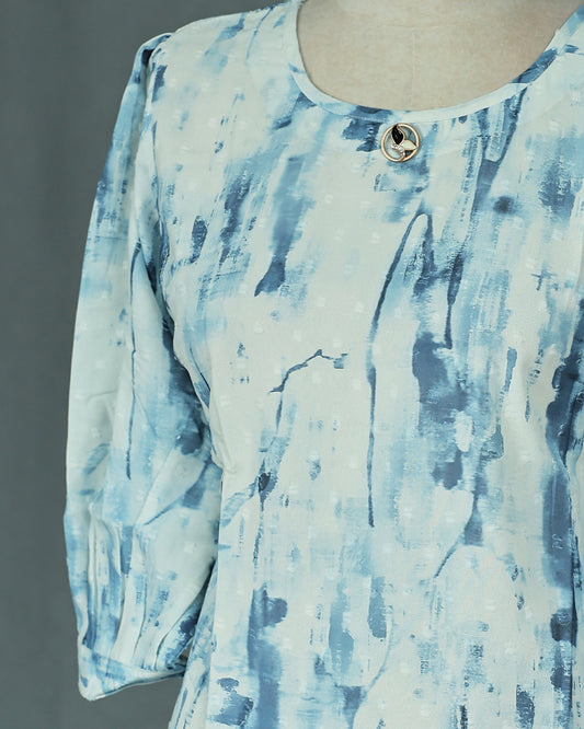 Blue colour Top with Print on body, Round neck design, With sleeve.