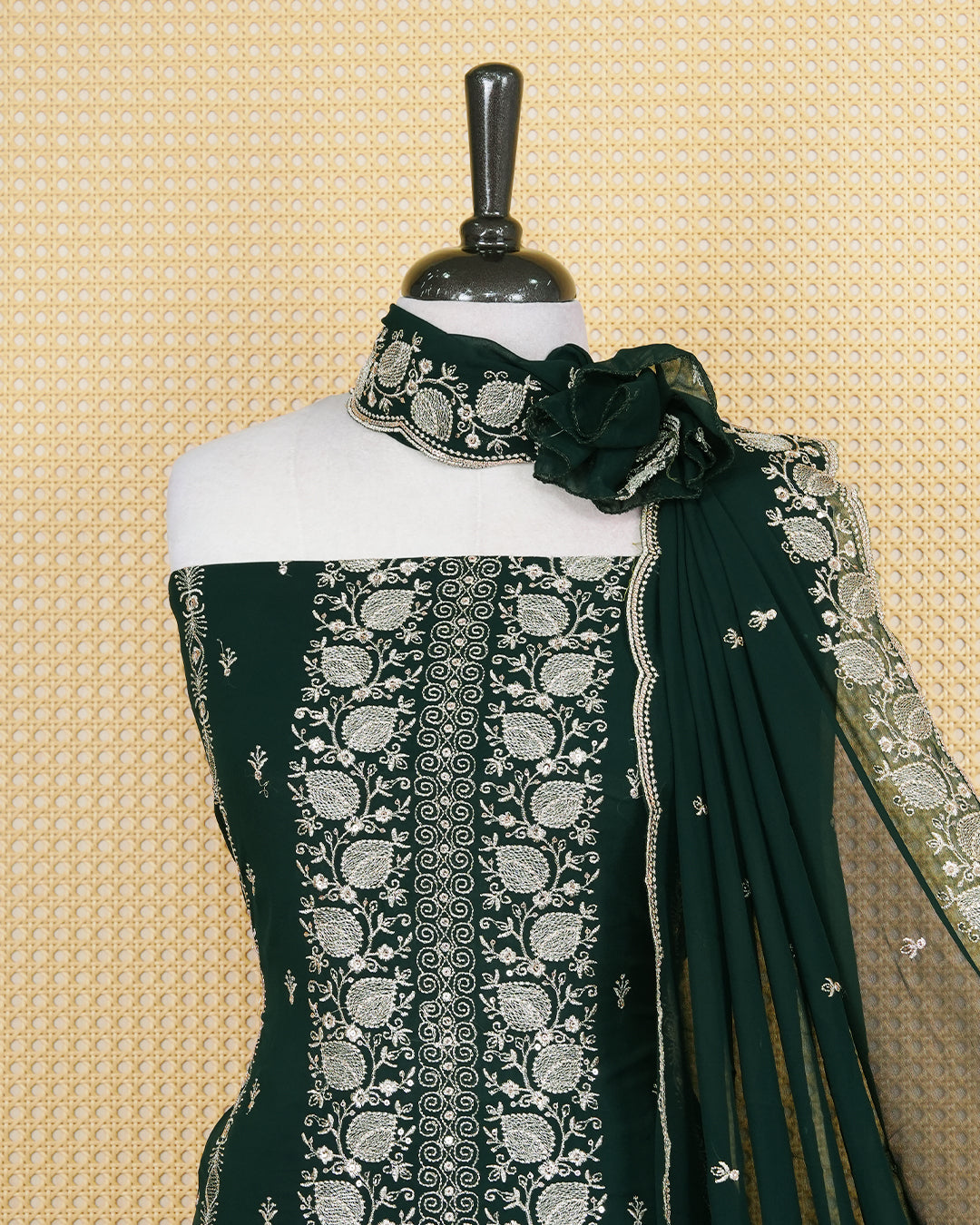 Dark Green colour Georgette Salwar Material Featuring Gold Thread Work on body, paired with matching Bottom & Elegant Dupatta.