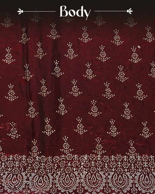 Maroon colour Velvet chiffon designer saree featuring Stone & Cut beats work on body,and border, comes with matching blouse piece.