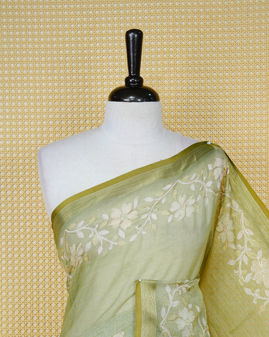 Pastel Olive colour linen tissue BKU inspired saree.