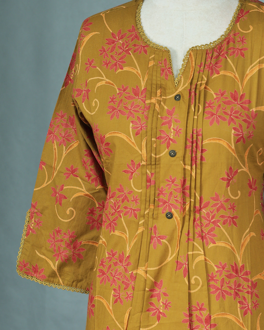 Olive Colour Kurti featuring print Work On body , a Round with V neckline, With sleeve.